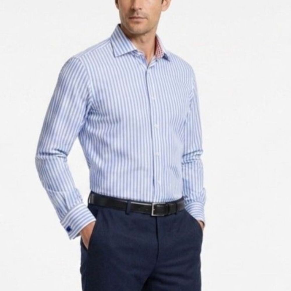 PINK Thomas Pink Men's Blue Stripe Cotton Slim Fit French Cuffs Dress Shirt 16.5